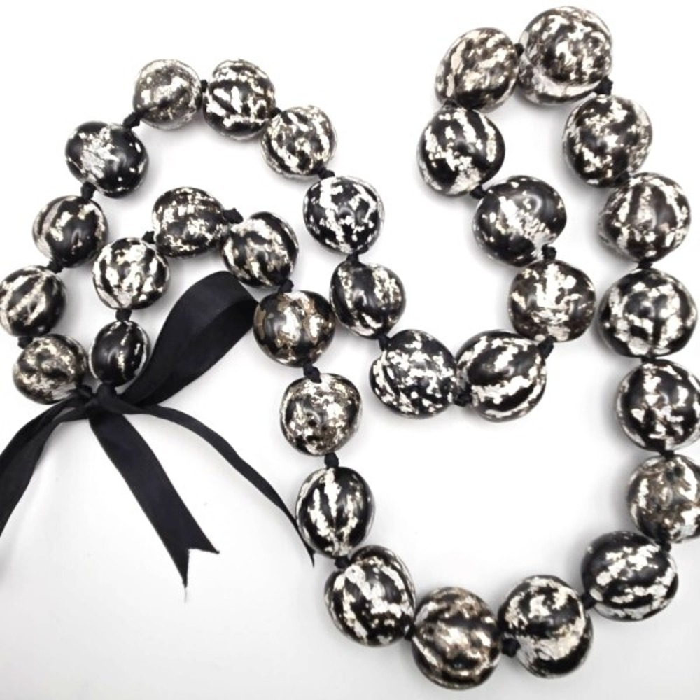Handcrafted Chunky B/W Kukui Nut‎ Beaded Necklace with Ribbon Closure 30"